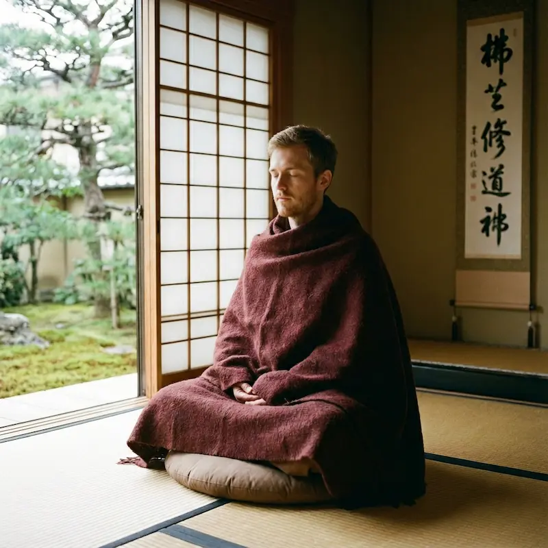 Oversized Vibrant Bohemian Paisley Meditation Shawl | Multi-Color Prayer Wrap for Chakra Balance - Buddha Bodhis Monk wearing maroon meditation shawl sitting in lotus position