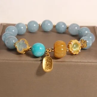 Natural Aquamarine & Golden Pumpkin Bracelet Calm, Luck & Abundance