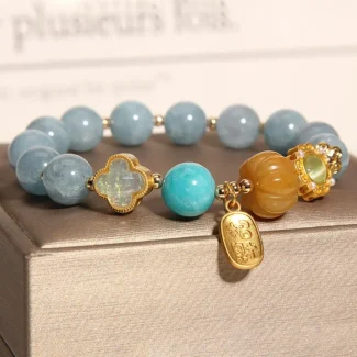 Natural Aquamarine & Golden Pumpkin Bracelet Calm, Luck & Abundance