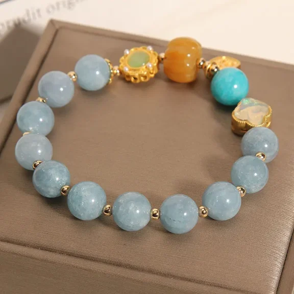 Natural Aquamarine & Golden Pumpkin Bracelet | Calm, Luck & Abundance 7 - Buddha Bodhis Natural Aquamarine & Golden Pumpkin Bracelet Calm, Luck & Abundance
