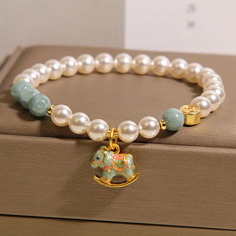Natural Blue Aura Jadeite & Shell Pearl Rocking Horse Bracelet Calm & 2026 Luck (2) Natural Blue Aura Jadeite & Shell Pearl Rocking Horse Bracelet Calm & 2026 Luck