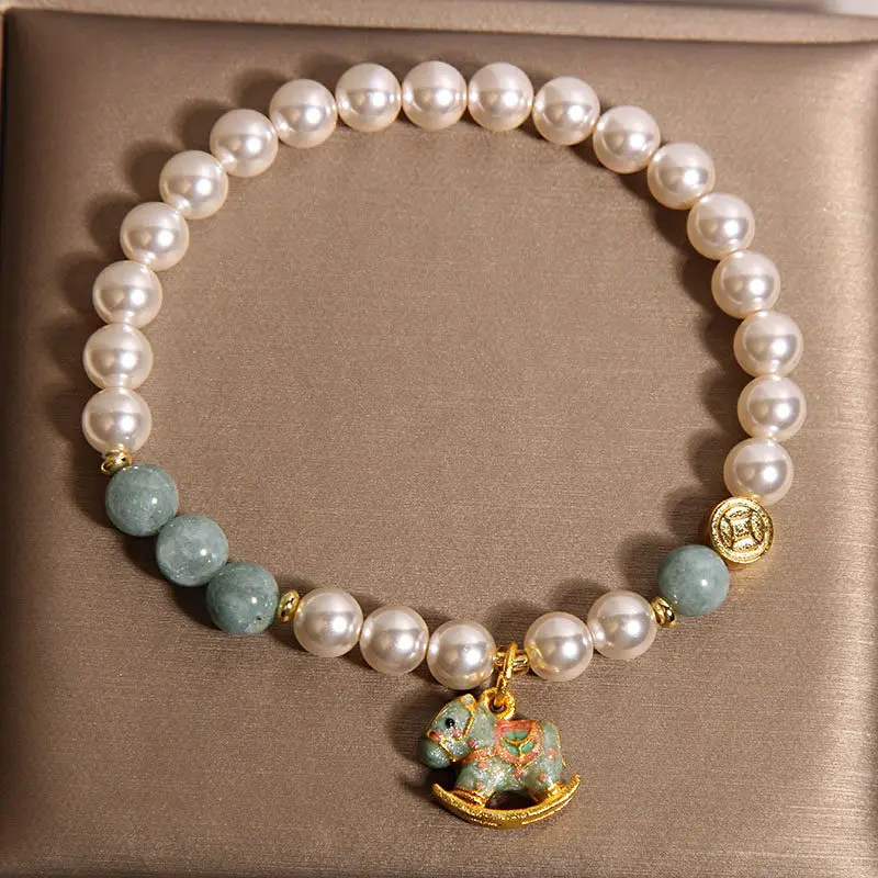 Natural Blue Aura Jadeite & Shell Pearl Rocking Horse Bracelet Calm & 2026 Luck (4) Natural Blue Aura Jadeite & Shell Pearl Rocking Horse Bracelet Calm & 2026 Luck
