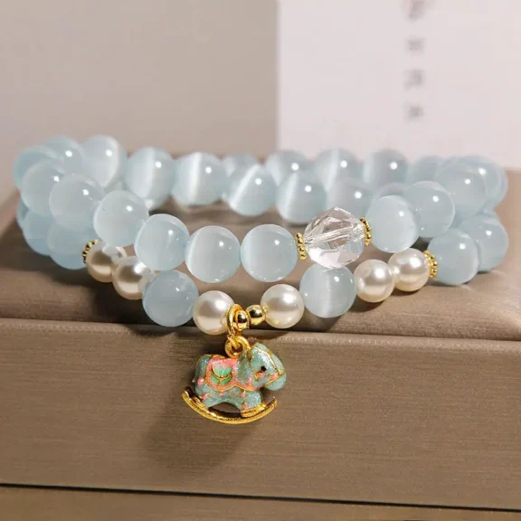 Natural Blue Cat's Eye & Pearl Double-Wrap Bracelet | Lucky Horse Charm 6 - Buddha Bodhis Natural Blue Cat's Eye & Pearl Double-Wrap Bracelet | Lucky Horse Charm