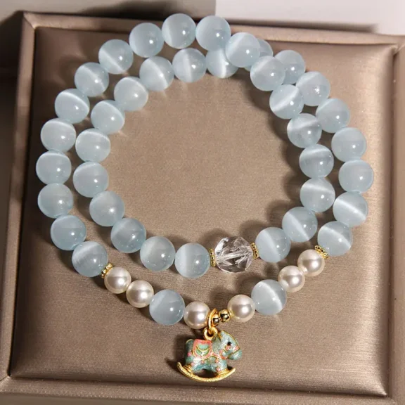 Natural Blue Cat's Eye & Pearl Double-Wrap Bracelet | Lucky Horse Charm 7 - Buddha Bodhis Natural Blue Cat's Eye & Pearl Double-Wrap Bracelet | Lucky Horse Charm
