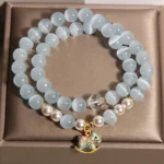 Natural Blue Cat's Eye & Pearl Double-Wrap Bracelet | Lucky Horse Charm 3 - Buddha Bodhis Natural Blue Cat's Eye & Pearl Double-Wrap Bracelet | Lucky Horse Charm