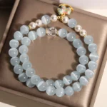 Natural Blue Cat's Eye & Pearl Double-Wrap Bracelet | Lucky Horse Charm 4 - Buddha Bodhis Natural Blue Cat's Eye & Pearl Double-Wrap Bracelet | Lucky Horse Charm