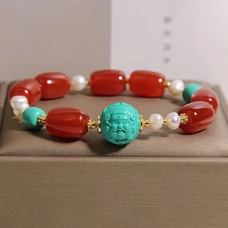 Natural Red Agate & Turquoise God of Wealth Bracelet