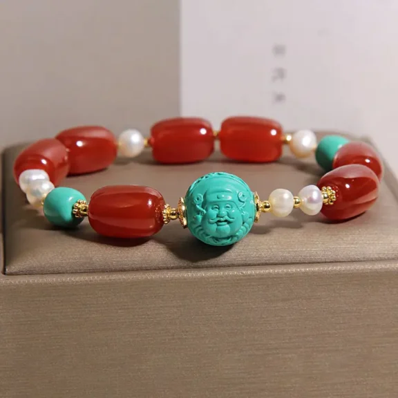 Natural Red Agate & Turquoise God of Wealth Bracelet | Joyful Abundance 8 - Buddha Bodhis Natural Red Agate & Turquoise God of Wealth Bracelet