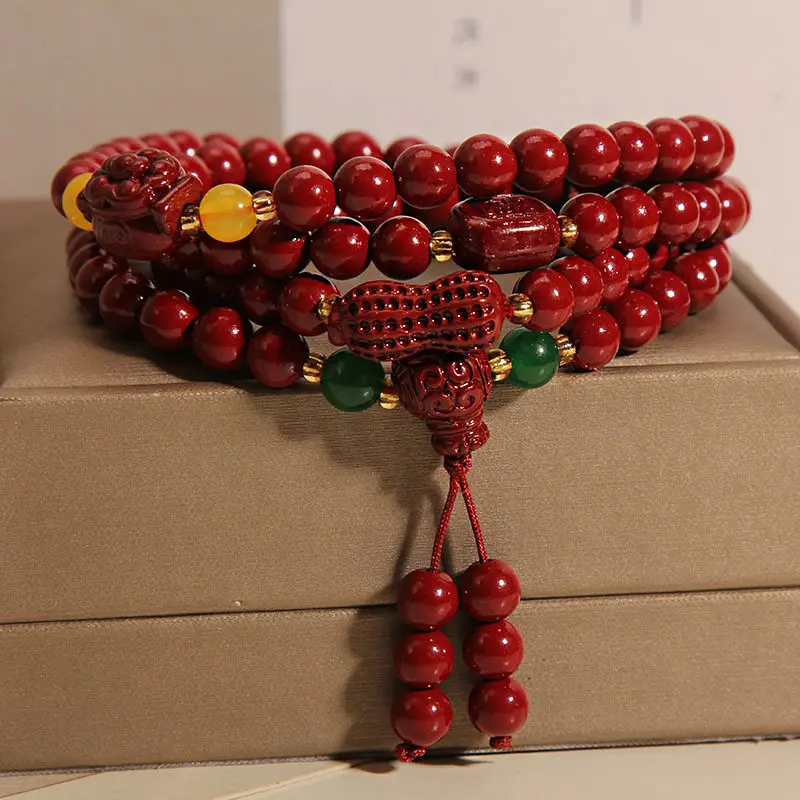 Natural Red Cinnabar Mala Bracelet Lucky Peanut Charm for Abundance & Growth (1) Natural Red Cinnabar Mala Bracelet Lucky Peanut Charm for Abundance & Growth