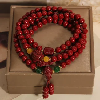 Natural Red Cinnabar Mala Bracelet Lucky Peanut Charm for Abundance & Growth
