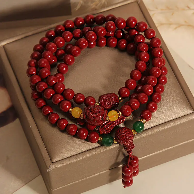 Natural Red Cinnabar Mala Bracelet Lucky Peanut Charm for Abundance & Growth (3) Natural Red Cinnabar Mala Bracelet Lucky Peanut Charm for Abundance & Growth