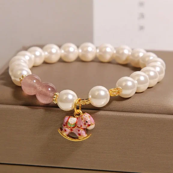 Natural Strawberry Quartz & Shell Pearl Rocking Horse Bracelet | Grace & Joy 7 - Buddha Bodhis Natural Strawberry Quartz & Shell Pearl Rocking Horse Bracelet Grace & Joy