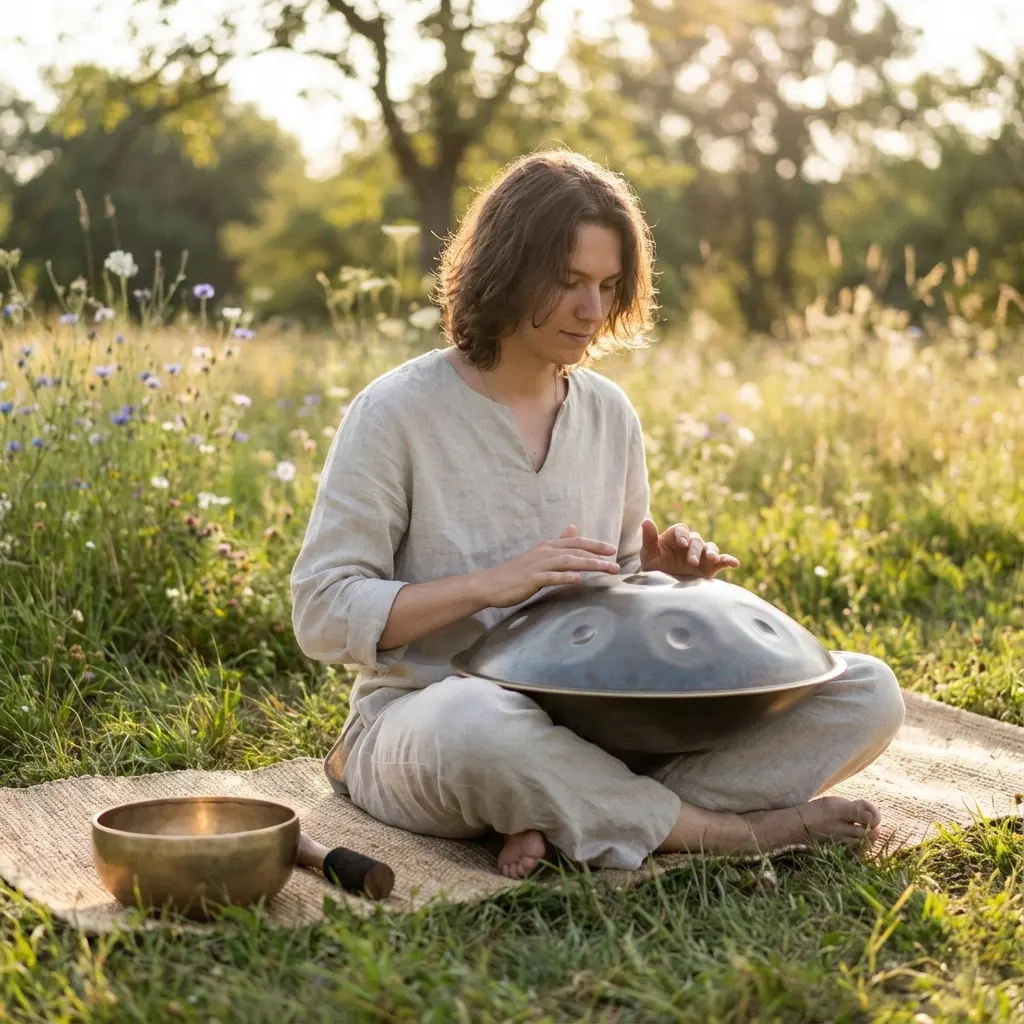 - Buddha Bodhis Playing steel tongue drum for meditation and yoga