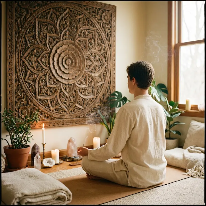 Handcrafted 3D Feng Shui Prosperity Frame | Wu Lou & Arowana for Wealth & Health 1 - Buddha Bodhis Practicing Trataka meditation gazing at a mandala wall hanging