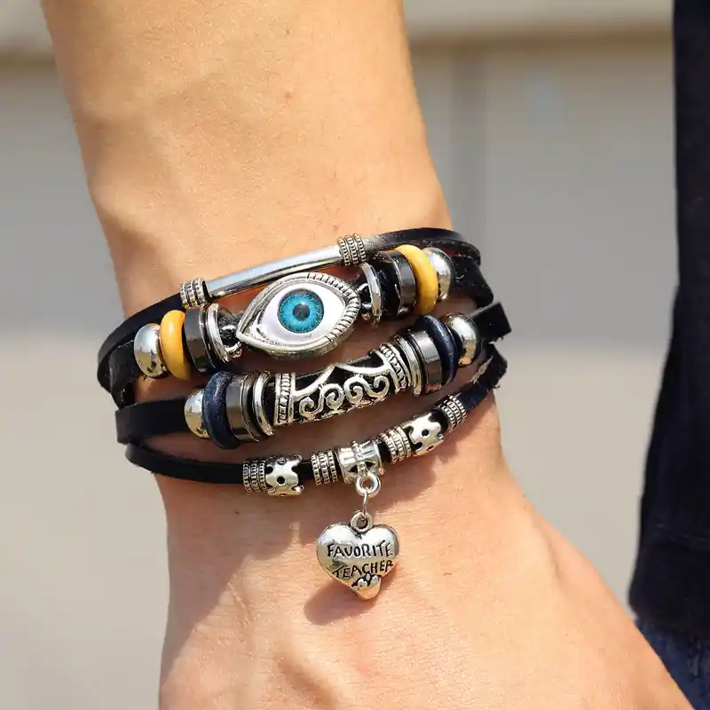 Handcrafted Men's Vintage Leather Watch Bracelet | Primal Grounding & Protection 1 - Buddha Bodhis Stacking leather bracelets with silver and stone jewelry