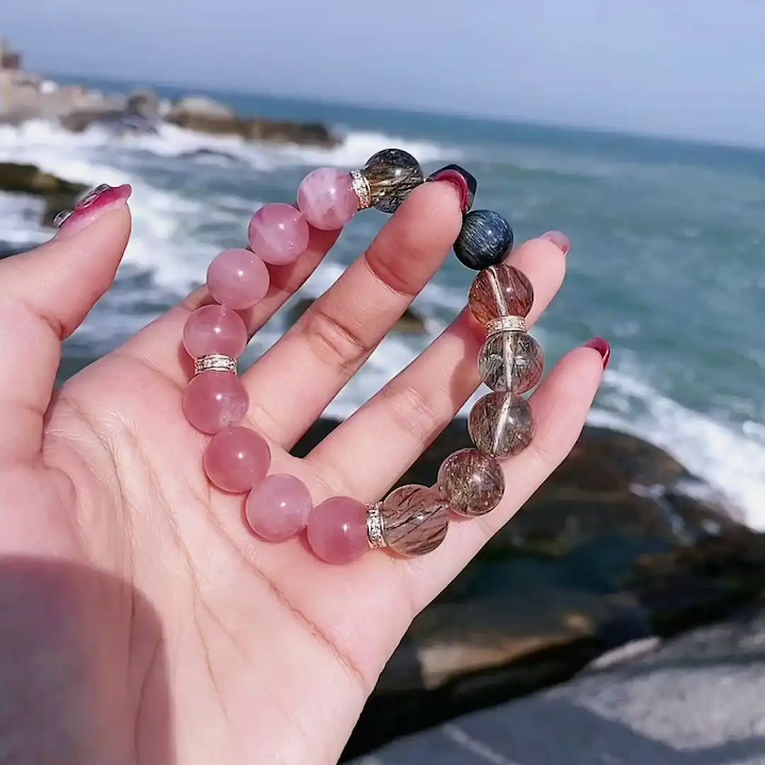 Natural 10mm Tiger Eye Quad-Pixiu Bracelet | Four Directions Wealth & Confidence Shield 1 - Buddha Bodhis Woman practicing self care affirmations with rose quartz mala