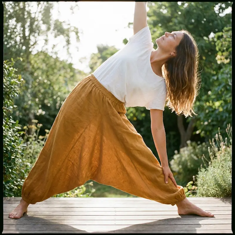 - Buddha Bodhis Woman practicing yoga in organic cotton harem pants