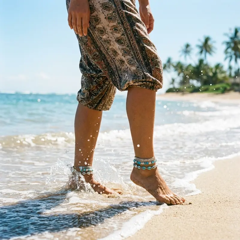 - Buddha Bodhis Woman wearing boho harem shorts on the beach for yoga