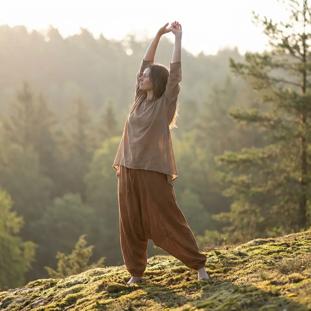 - Buddha Bodhis Woman wearing organic cotton harem pants and meditation top