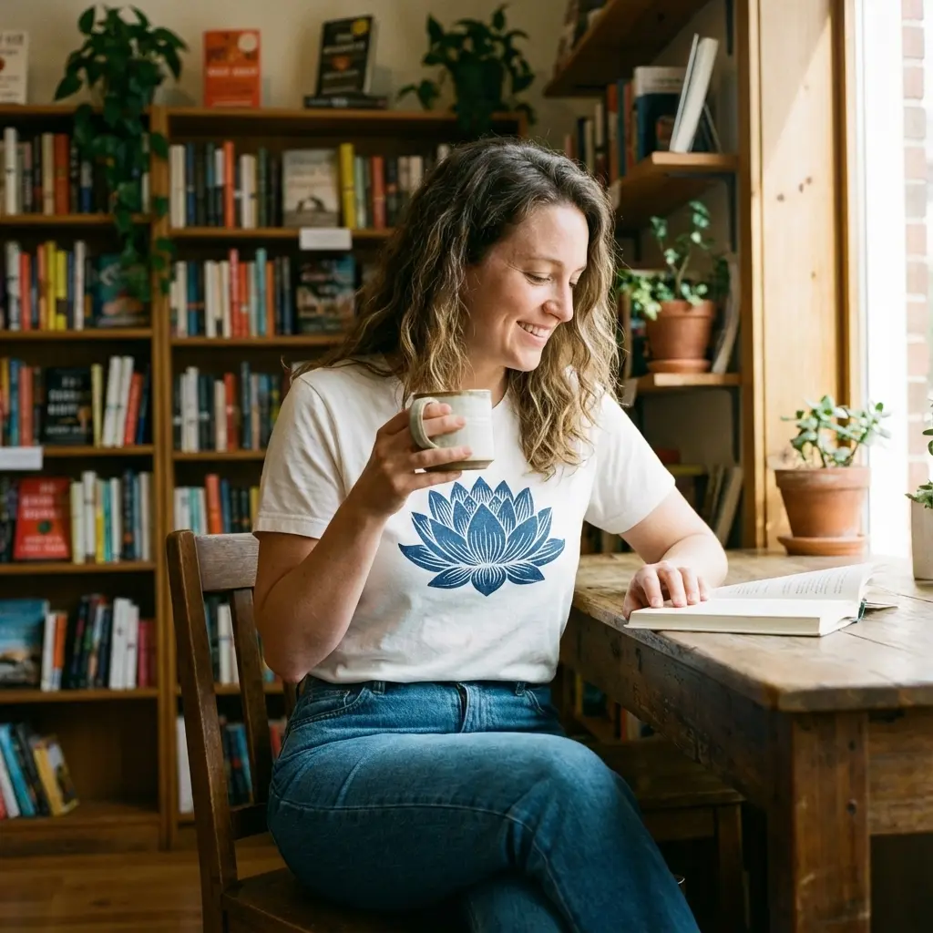 - Buddha Bodhis Woman wearing organic cotton lotus flower graphic t-shirt