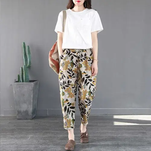 1 - Buddha Bodhis Woman wearing patterned boho harem pants