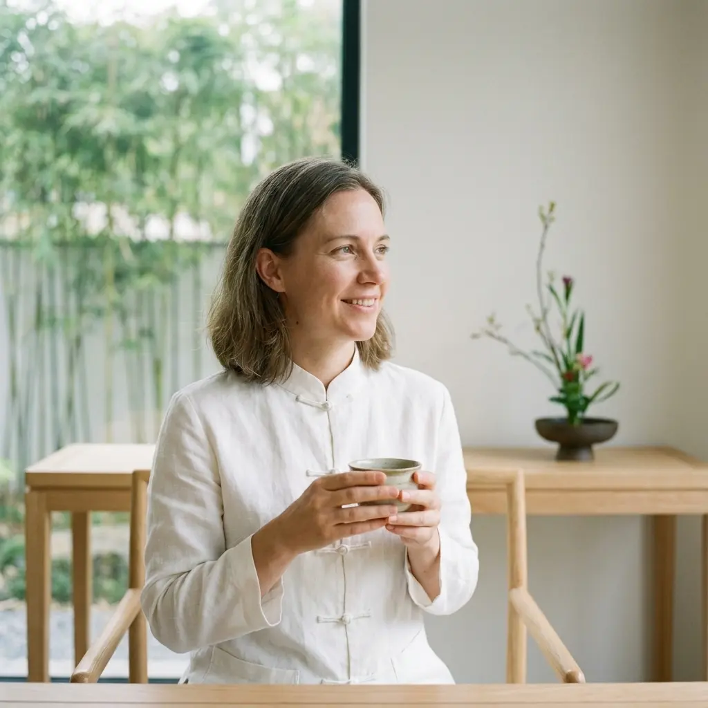 - Buddha Bodhis Woman wearing white linen mandarin collar tang suit for tea ceremony