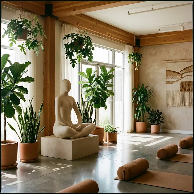 1 - Buddha Bodhis Yoga studio design with meditation statues and plants