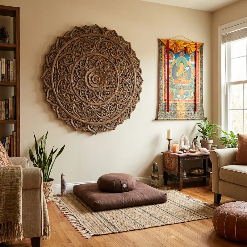 Handcrafted 3D Feng Shui Prosperity Frame | Wu Lou & Arowana for Wealth & Health - Buddha Bodhis Zen living room with wooden mandala wall art and thangka