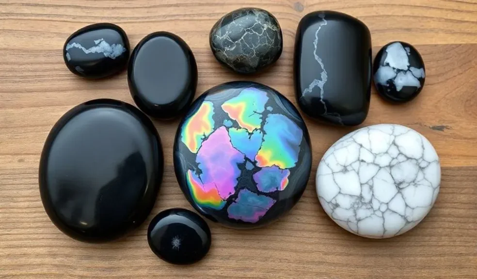 Obsidian Bracelet Meaning & Benefits: How to Wear It on the Left or Right Hand 2 - Buddha Bodhis a-beautiful-flat-lay-of-different-types-of-obsidian-stones-jet-black-obsidian-rainbow-obsidian-wit