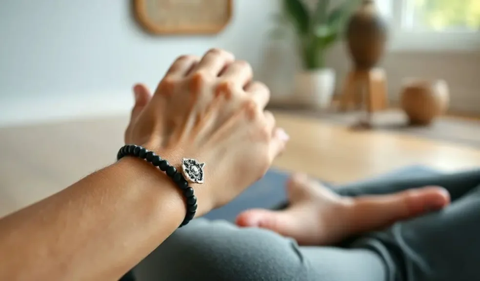 Obsidian Bracelet Meaning & Benefits: How to Wear It on the Left or Right Hand - Buddha Bodhis aesthetic-lifestyle-shot-of-a-black-obsidian-bracelet-with-silver-lotus-on-a-persons-wrist-in-a-ser