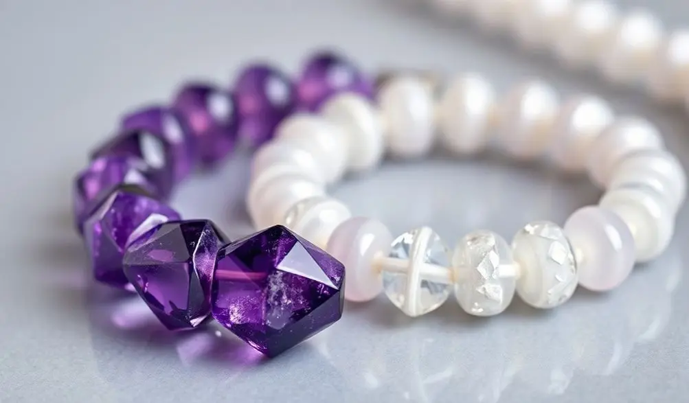Amethyst Bracelet Meaning: Your Complete Guide to Peace, Intuition, and Spiritual Healing 1 - Buddha Bodhis A high-quality Amethyst bracelet compared with a Lepidolite stone, showing the different shades of purple.