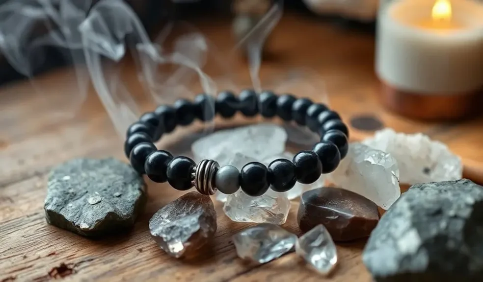 Obsidian Bracelet Meaning & Benefits: How to Wear It on the Left or Right Hand 3 - Buddha Bodhis obsidian-bracelet-being-cleansed-in-the-smoke-of-a-white-sage-stick-on-a-wooden-altar-with-crystals