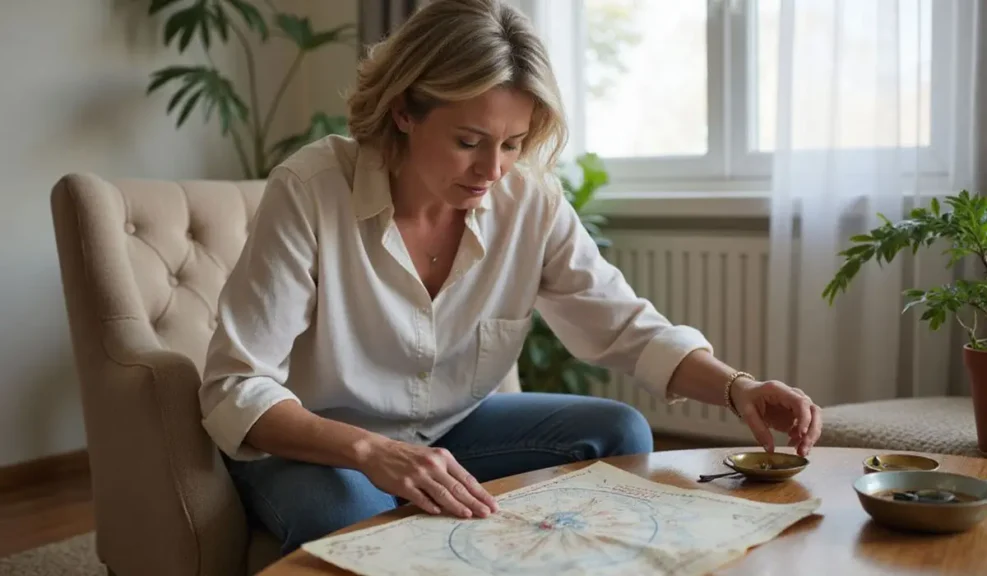 Feng Shui Meaning: How to Balance Energy in Your Life Every Day 5 - Buddha Bodhis A middle-aged woman thoughtfully arranges furniture.