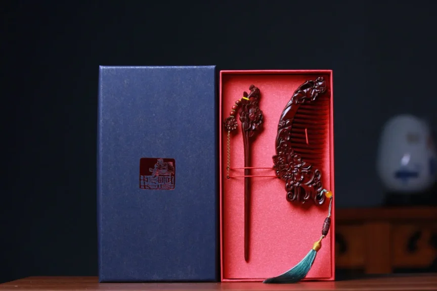 Hand-Carved Rosewood Hairpin & Comb Gift Set | Peony Floral Amulet for Hair Health 5 - Buddha Bodhis Hand-Carved Rosewood Hairpin & Comb Gift Set | Peony Floral Amulet for Hair Health