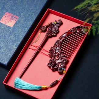 Home 68 - Buddha Bodhis Hand-Carved Rosewood Hairpin & Comb Gift Set | Peony Floral Amulet for Hair Health