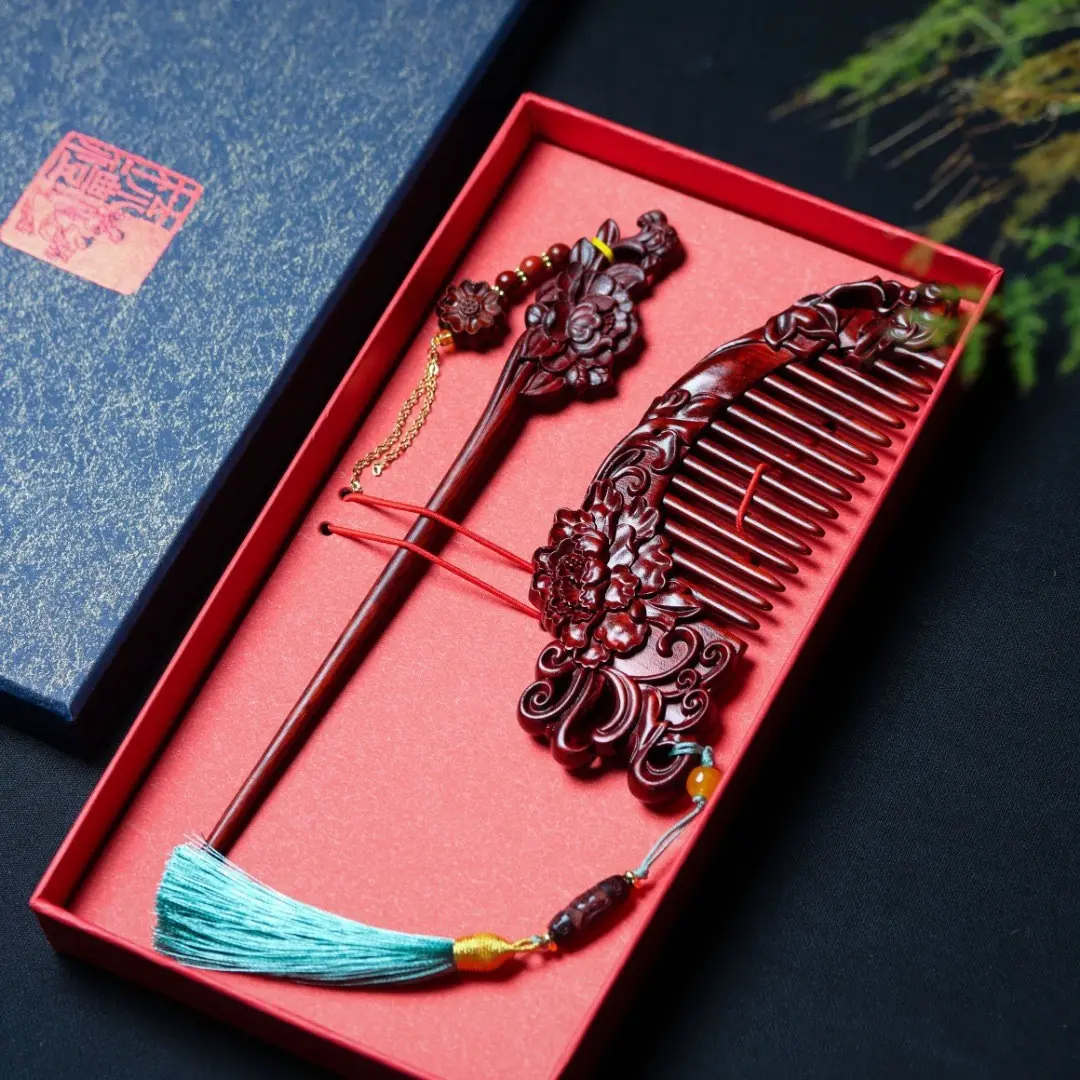 Hand-Carved Rosewood Hairpin & Comb Gift Set Peony Floral Amulet for Hair Health (2) Hand-Carved Rosewood Hairpin & Comb Gift Set | Peony Floral Amulet for Hair Health