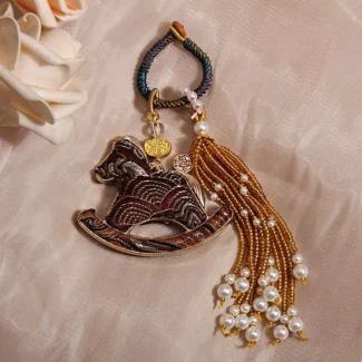 Handcrafted Embroidered Rocking Horse Charm Pearl Tassel Amulet for 2026 Success