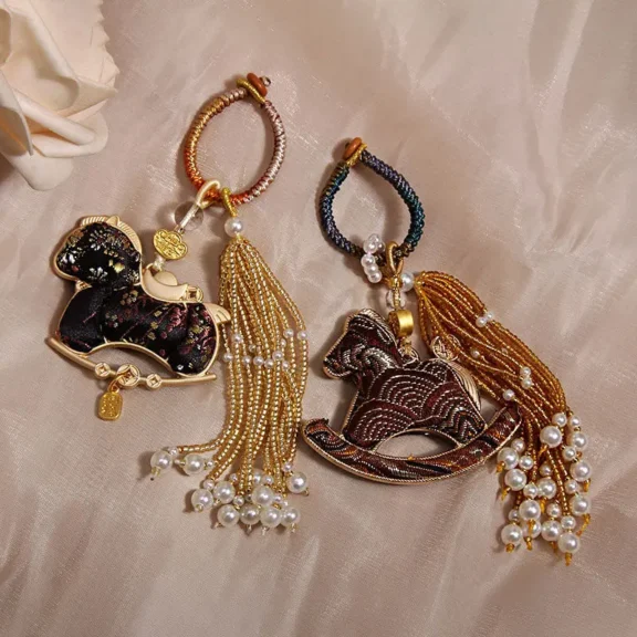 Handcrafted Embroidered Rocking Horse Charm | Pearl Tassel Amulet for 2026 Success 5 - Buddha Bodhis Handcrafted Embroidered Rocking Horse Charm Pearl Tassel Amulet for 2026 Success