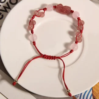 Handcrafted Rose Quartz & Strawberry Quartz Pixiu Red String Bracelet 2026 Love & Wealth Amulet