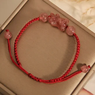 Handcrafted Strawberry Quartz Bear Red String Bracelet Self-Love & 2026 Protection