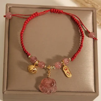 Handcrafted Strawberry Quartz Cat Paw Red String Bracelet 2026 Protection & Luck Bell