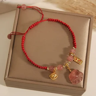 Handcrafted Strawberry Quartz Cat Paw Red String Bracelet 2026 Protection & Luck Bell