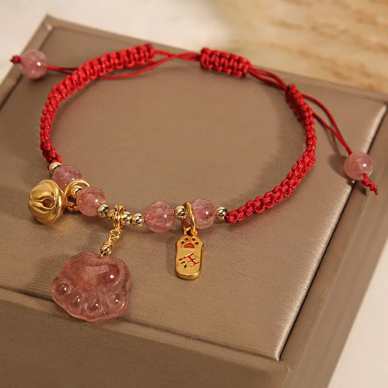 Handcrafted Strawberry Quartz Cat Paw Red String Bracelet 2026 Protection & Luck Bell (3) Handcrafted Strawberry Quartz Cat Paw Red String Bracelet 2026 Protection & Luck Bell