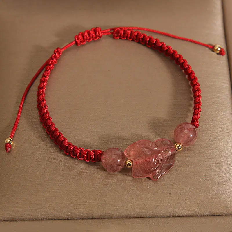 Handcrafted Strawberry Quartz Fox Red String Bracelet (1) Handcrafted Strawberry Quartz Fox Red String Bracelet