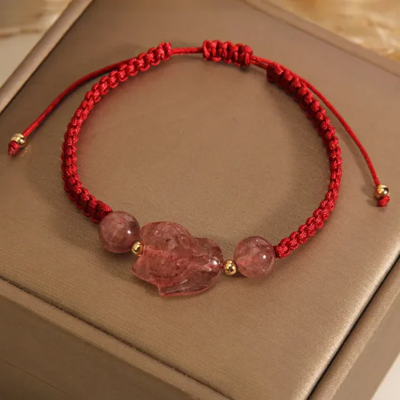 Handcrafted Strawberry Quartz Fox Red String Bracelet | Love Magnet & 2026 Protection 5 - Buddha Bodhis Handcrafted Strawberry Quartz Fox Red String Bracelet