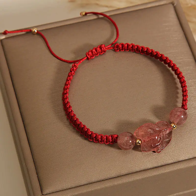 Handcrafted Strawberry Quartz Fox Red String Bracelet (3) Handcrafted Strawberry Quartz Fox Red String Bracelet