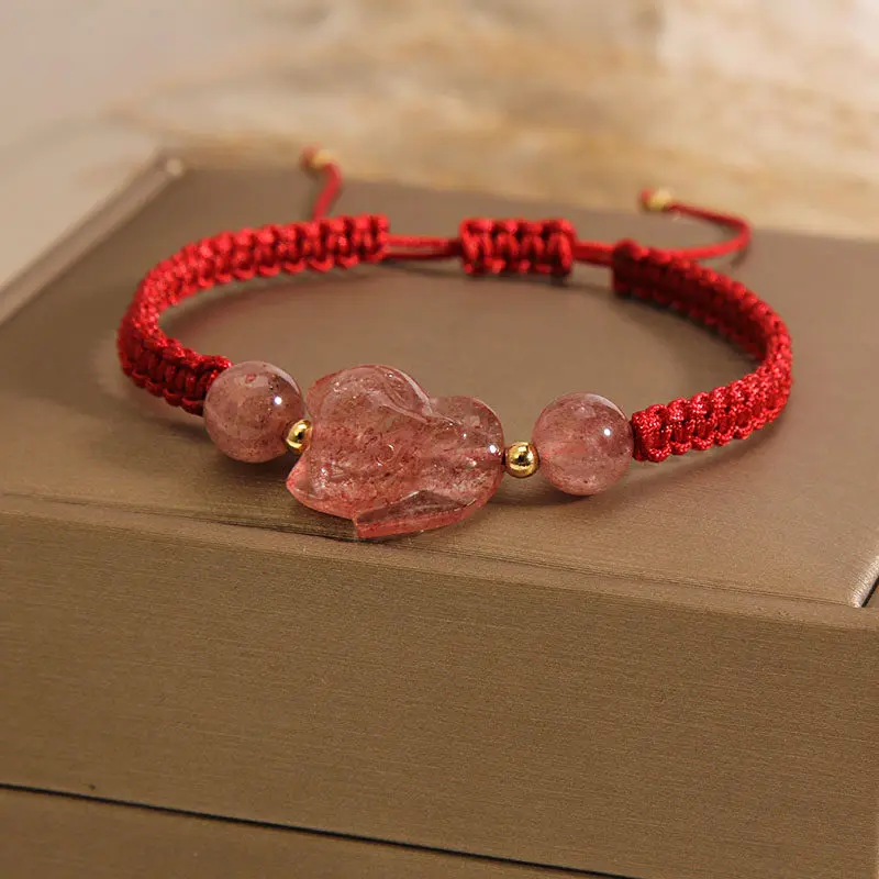 Handcrafted Strawberry Quartz Fox Red String Bracelet (4) Handcrafted Strawberry Quartz Fox Red String Bracelet