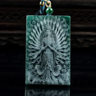 Natural Blue Aura Jadeite Thousand-Hand Kwan Yin & Dragon Pendant Eternal Protection