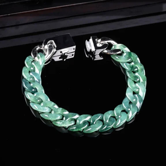 A Practical Guide to Feng Shui Bracelets: Meaning, Materials, and How to Choose Yours 2 - Buddha Bodhis Natural Ice-Glutinous Jadeite Cuban Link Bracelet 10mm Bold Geometric Chain for Wealth
