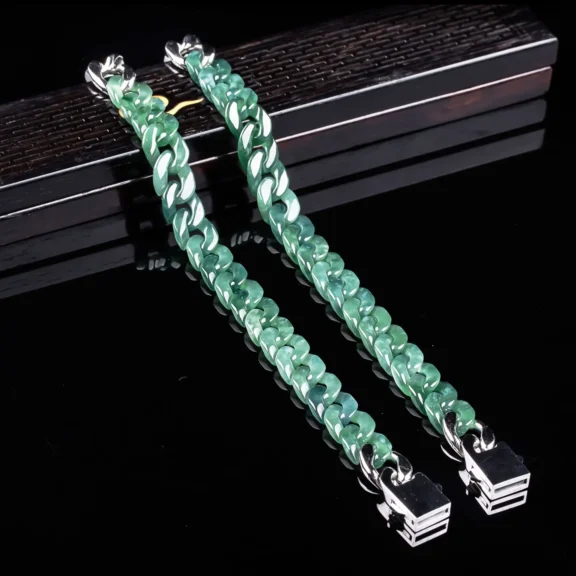 Natural Ice-Glutinous Jadeite Cuban Link Bracelet | 10mm Bold Geometric Chain for Wealth 6 - Buddha Bodhis Natural Ice-Glutinous Jadeite Cuban Link Bracelet 10mm Bold Geometric Chain for Wealth